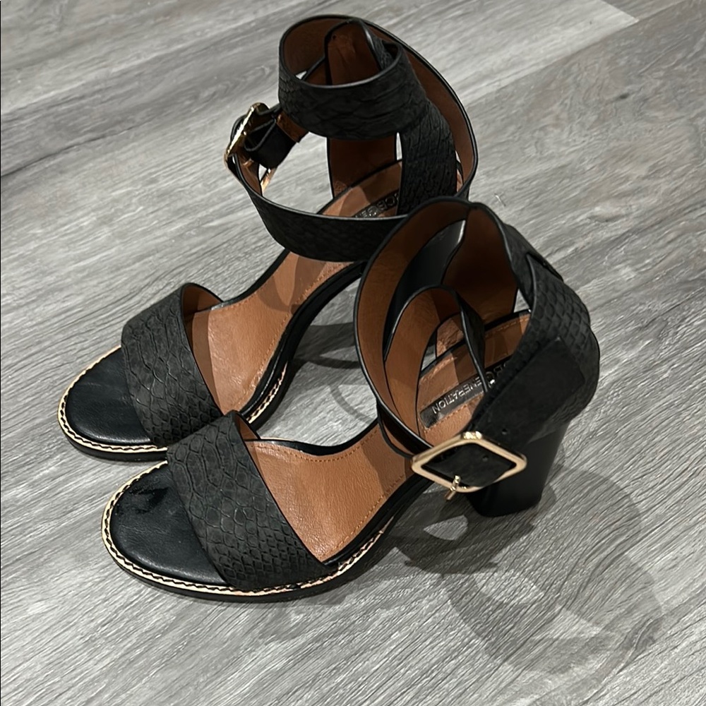 BCBGeneration Black and Brown Heels with Gold Accents